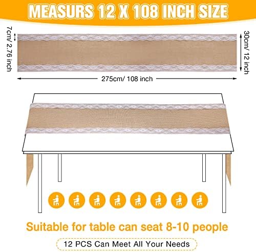 Hortsun 12 Pcs Burlap Table Runners White Lace 12 x 108