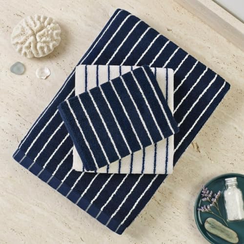 8-Piece Navy Blue and Ivory Towel Set, Cotton Striped Towels for