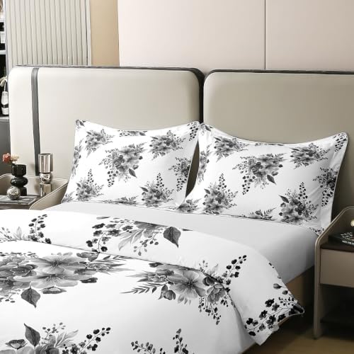Erosebridal Grey Floral 100% Cotton Duvet Cover Queen Watercolor Boho