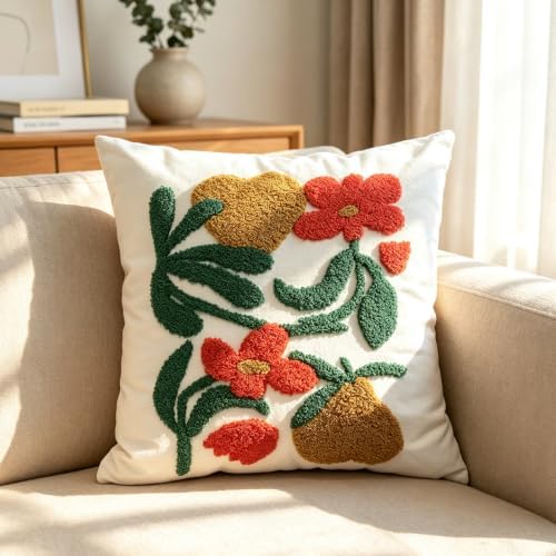 Boho Art Red Spring Floral Embroidered Throw Pillow Cover 18"x18" Set