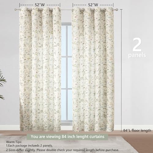 OWENIE Cream Light Filtering Floral Curtains 84 Inches Long 2 Panels