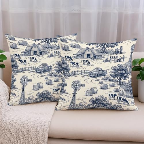 Barn Throw Pillow Covers Set of 2, Rustic Farmhouse Cow Winnowing Fall