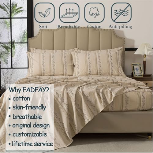FADFAY 100% Cotton Full Bed Sheet Set 4-Piece, Woven Jacquard Floral