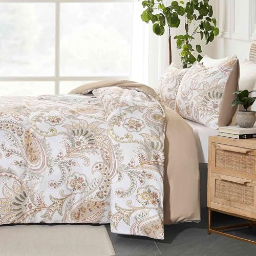 Nanko Paisley Duvet Cover Set King Size, Tan Taupe Classy Boho Damask
