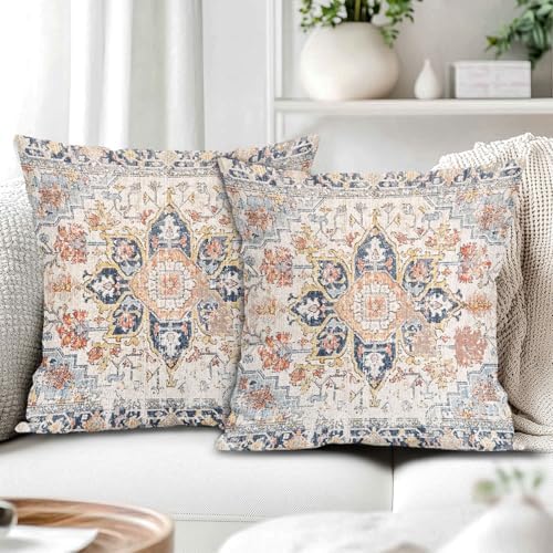 Cream Blue Orange Teal Vintage Bohemian Pillow Covers 22x22 In Mustard