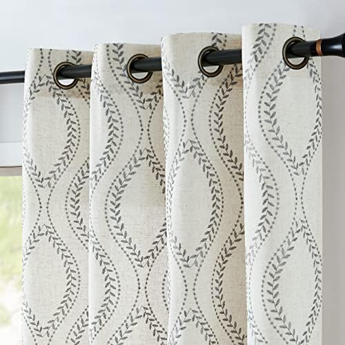 jinchan Boho Linen Curtains 63 Inch Grey on Beige Grommet 2 Panels
