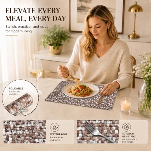 Faux Leather Placemats Set of 6, Reversible Patterned Table Mats