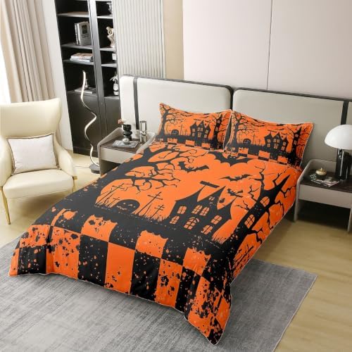 Manfei Halloween Kids Bedding Set King Size Cover 100% Cotton,Grid