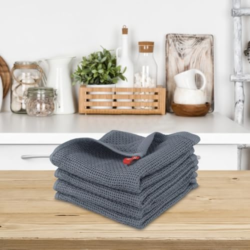 Set of 4 Cotton Tea Towels with Hanger, Absorbent Waffle Kitchen Dish