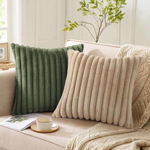 Pallene Faux Fur Decorative Throw Pillow Covers 22x22 Set of 2, Olive