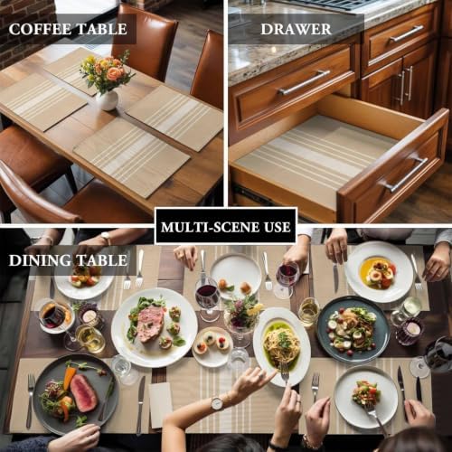 Taupe Stripe Placemats Set of 4, Cotton Linen Fabric Place Mats