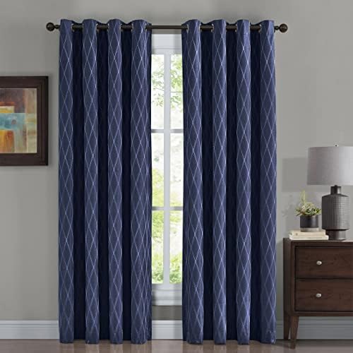 Victoria Blackout Curtains 54 x 96, Abstract Jacquard, 2 Panels, Navy