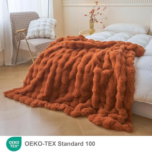 LIFEREVO Luxury Fluffy Faux Rabbit Fur Throw Blanket 60x80, Burnt