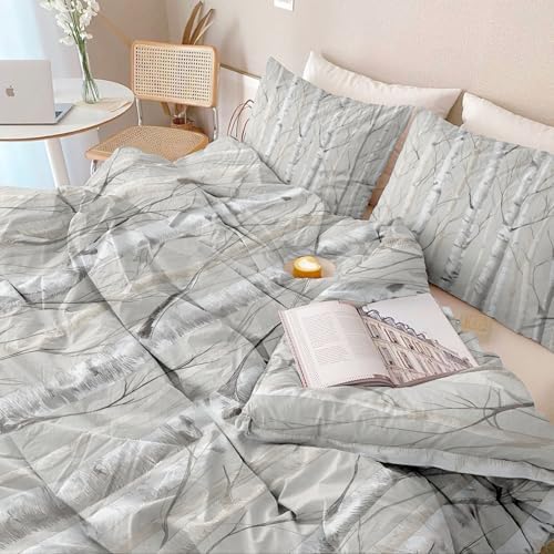 Duvet Cover Set, Grey Minimalist Natural Tree Pattern Bed Sets, Ultra
