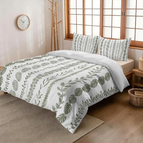 3 Pieces Bedding Set Queen Size, Sage Green Botanical Soft Duvet