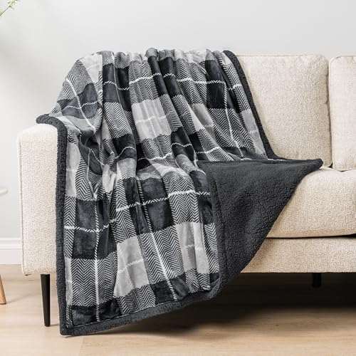 PAVILIA Twin Plaid Sherpa Throw Blanket for Couch Sofa Bed Dark Grey