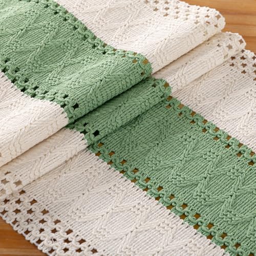 DeZerlor Ivory Sage Farmhouse Table Runner 90Inch Woven Linen Dining