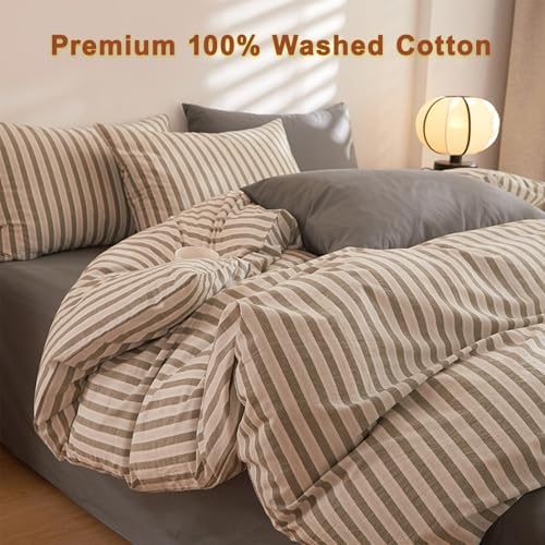 Grey Striped Duvet Cover Set 3 Pieces - King Size Soft Washed Cotton