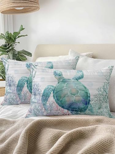 Throw Pillows 12x20 Set of 2, Teal Sea Turtle Waterproof Outdoor