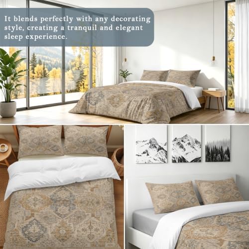 Beige Grey Boho Duvet Cover Set 3 Pieces with Zipper Closure, Vintage