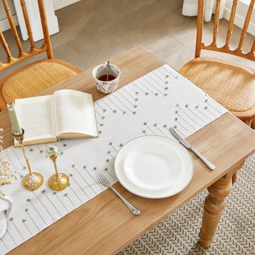 Wracra Boho Table Runner, Grey Woven Table Runners 72 Inches Long