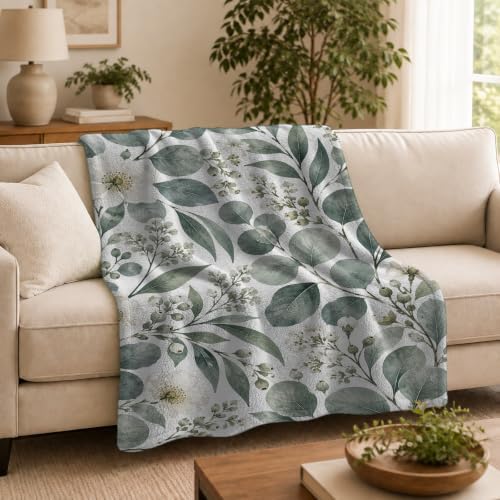 Grey Floral Eucalyptus Leaves Print Throw Blanket, Soft Lightweight