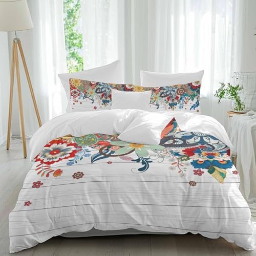 Boho Flowers Bedding Full Duvet Cover Set, 3 Piece Microfiber Soft