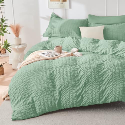 California King Comforter Set - 7PCS Seersucker Bed in a Bag, Sage