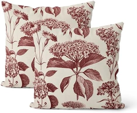 Burgundy Red Pillow Covers 18x18 Inch 2 Pcs Boho Vintage Floral Decor