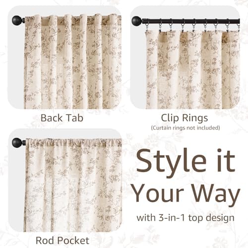 jinchan Taupe Floral Linen Curtains 108 Inch Farmhouse Back Tab 2