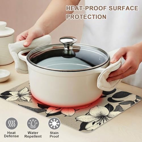 Placemats Set of 6 Vintage Beige Flower Black Leaf Heat-Proof