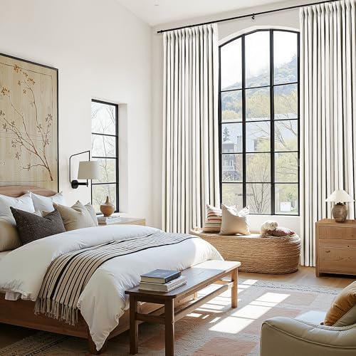 BOODII 100% Blackout Linen Pleated Curtains for Bedroom 96 Inch Long