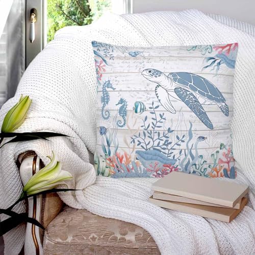 Pillow Covers 20x20 Set of 2, Coastal Turtle Square Throw Pillow