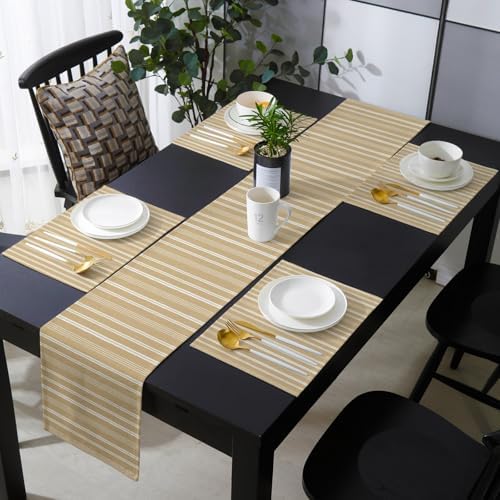 Brown Beige Striped Table Runner and Placemats for Dining Table,Burlap