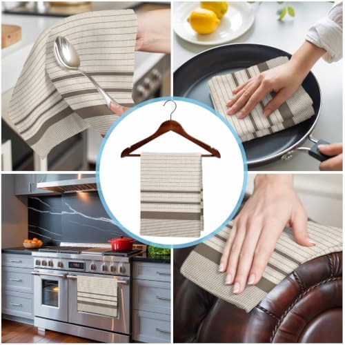 Brown Beige Striped Kitchen Towels Set of 3, Water Absorbent Dish