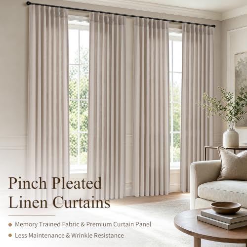 Hokibero Oatmeal Pinch Pleated Linen Curtains 84 Inch Long for Living