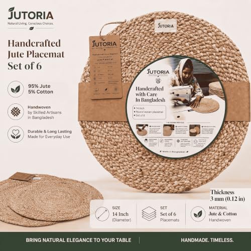 Round Woven Jute Placemats Set of 6, 14 Inch, Natural Braided