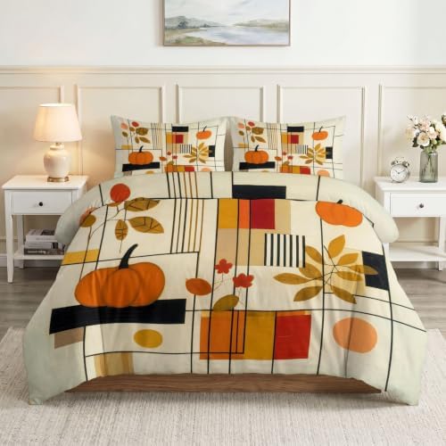 King Duvet Cover Set Geometric Grid Autumn Pumpkin Bedding with