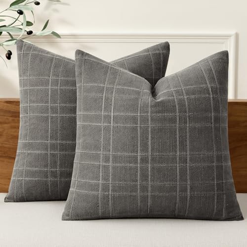 MIULEE Linen Plaid Pillow Covers Decorative Euro 24x24 Charcoal Gray