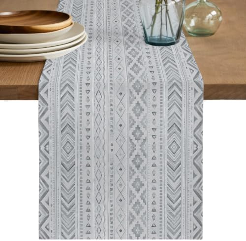 Slate Gray Boho Table Runner 108 Inches Long, Ethnic Tribe Warm