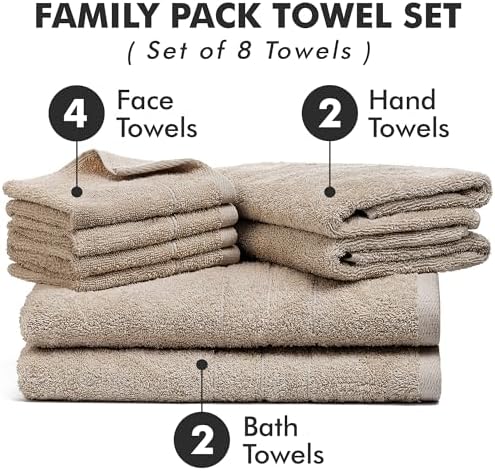 Bath Towels Set of 8 – 100% Ring Spun Cotton (Beige) Bathroom Towel