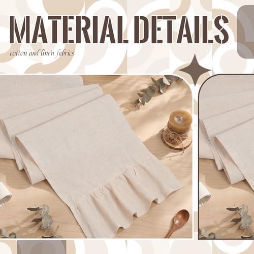 Gilprop Boho Ruffled Table Runner Linen, 13 x 108 Inch, Linen Beige