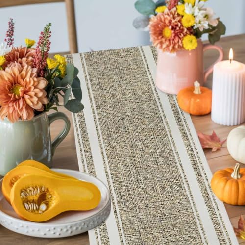 Beige Rustic Table Runner 108 Inches Long, Farmhouse Neutral Striped