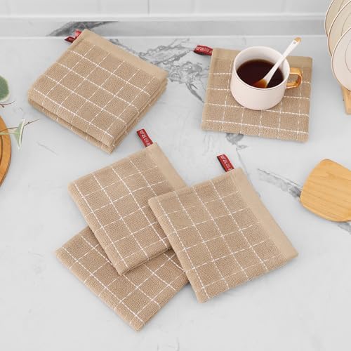 Mordimy Cotton Terry Checkered Dish Cloths, 12"x 12", 6 Pack, Tan