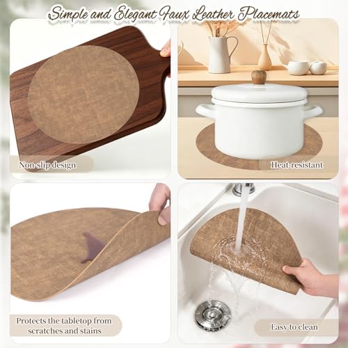 Round Placemats Set of 6, Faux Leather Heat Resistant Table Mats