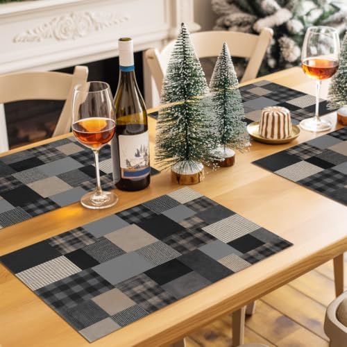 Gray Gingham Placemats Set of 8, Cotton Linen Fabric Place Mats