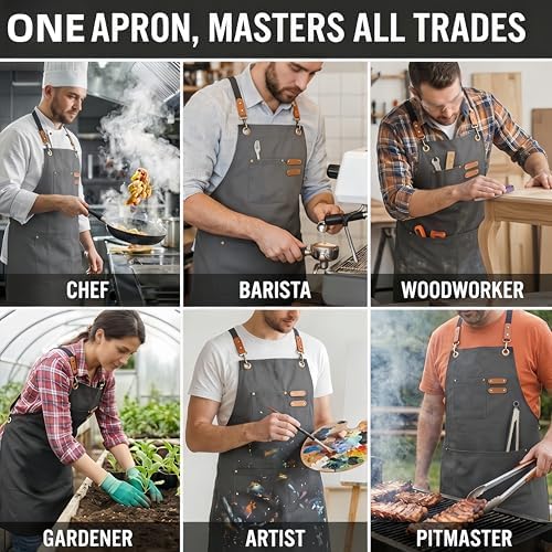Chef Aprons for Men Women, 16oz Cotton Canvas Cross Back, 3 Pockets