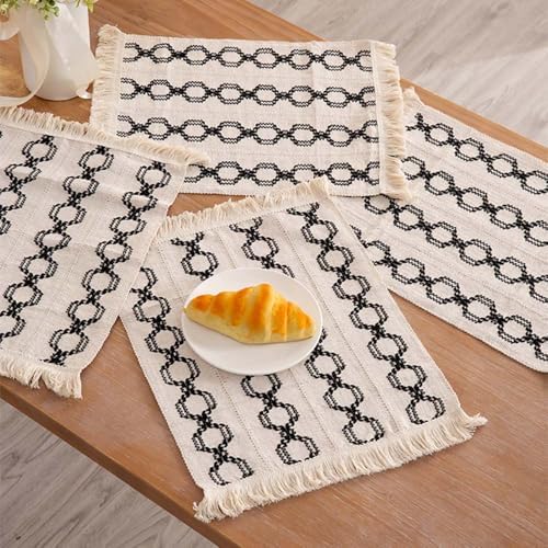 Boho Placemats Cotton and Linen Rectangular Beige Coasters Woven Black