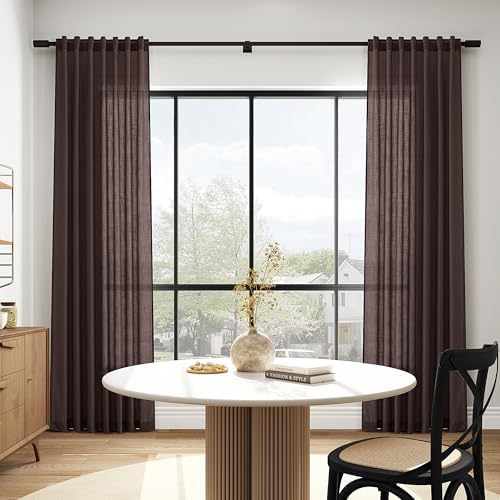 Linen Curtains Semi Sheer Coffee Brown 96 Inches Long 2 Panels Set for