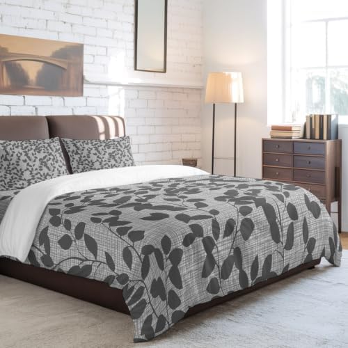 4 Pieces Duvet Cover Set King – Gray Leaves Branch Soft Microfiber